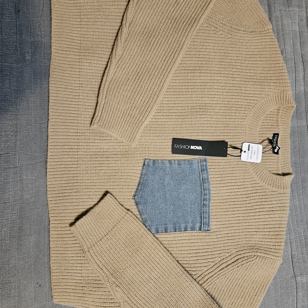 Fashion Nova Tan Knit Sweater with Blue Denim Pocket
